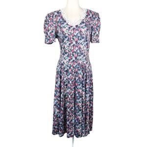 Vintage 80s Paquette Too! Navy Blue and Pink Floral Drop Waist Midi Dress M